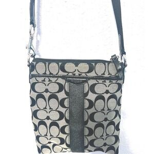 Coach New York Signature Print Crossbody Bag Purse Black Gray Adj Strap Pockets